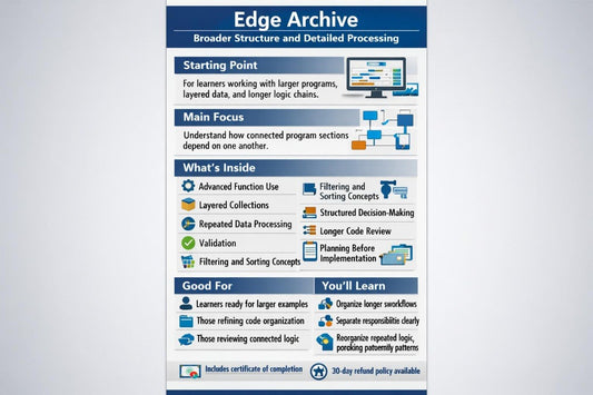 An informational poster titled 'Edge Archive' with blue, white, and gray panels, icons, and text describing a curriculum or certification program. It includes sections such as Starting Point, Main Focus, What's Inside, Good for, You'll Learn, and a note about a 30-day refund policy.