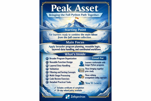 A promotional infographic poster for Peak Asset Python course, featuring a blue and white mountain theme with text detailing course contents and learning outcomes.