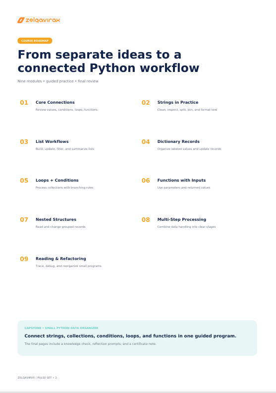 A digital cover page for a Python workshop or guide titled 'From separate ideas to a connected Python workflow' by zelarivro. The page has a white background with dark blue text, a light blue banner at the bottom, and a small orange badge reading 'coming soon'.