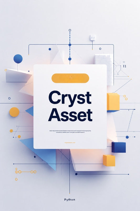 A digital cover graphic for 'Cryst Asset' featuring a central white card with dark blue text, surrounded by abstract geometric shapes in blue, yellow, and white on a pale gray background.