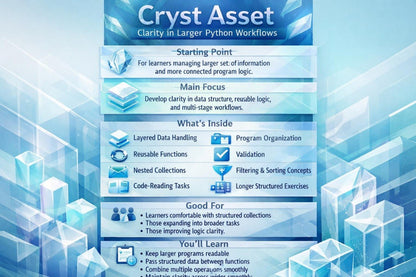 An infographic-style product image for Cryst Asset titled 'Clarity in Larger Python Workflows,' with a blue and white layout showing sections such as starting point, main focus, what's inside, and good for.