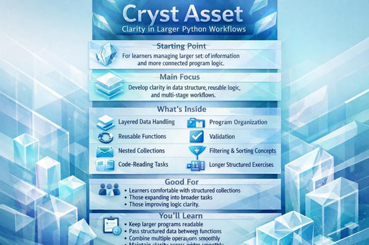 An infographic-style product image for Cryst Asset titled 'Clarity in Larger Python Workflows,' with a blue and white layout showing sections such as starting point, main focus, what's inside, and good for.