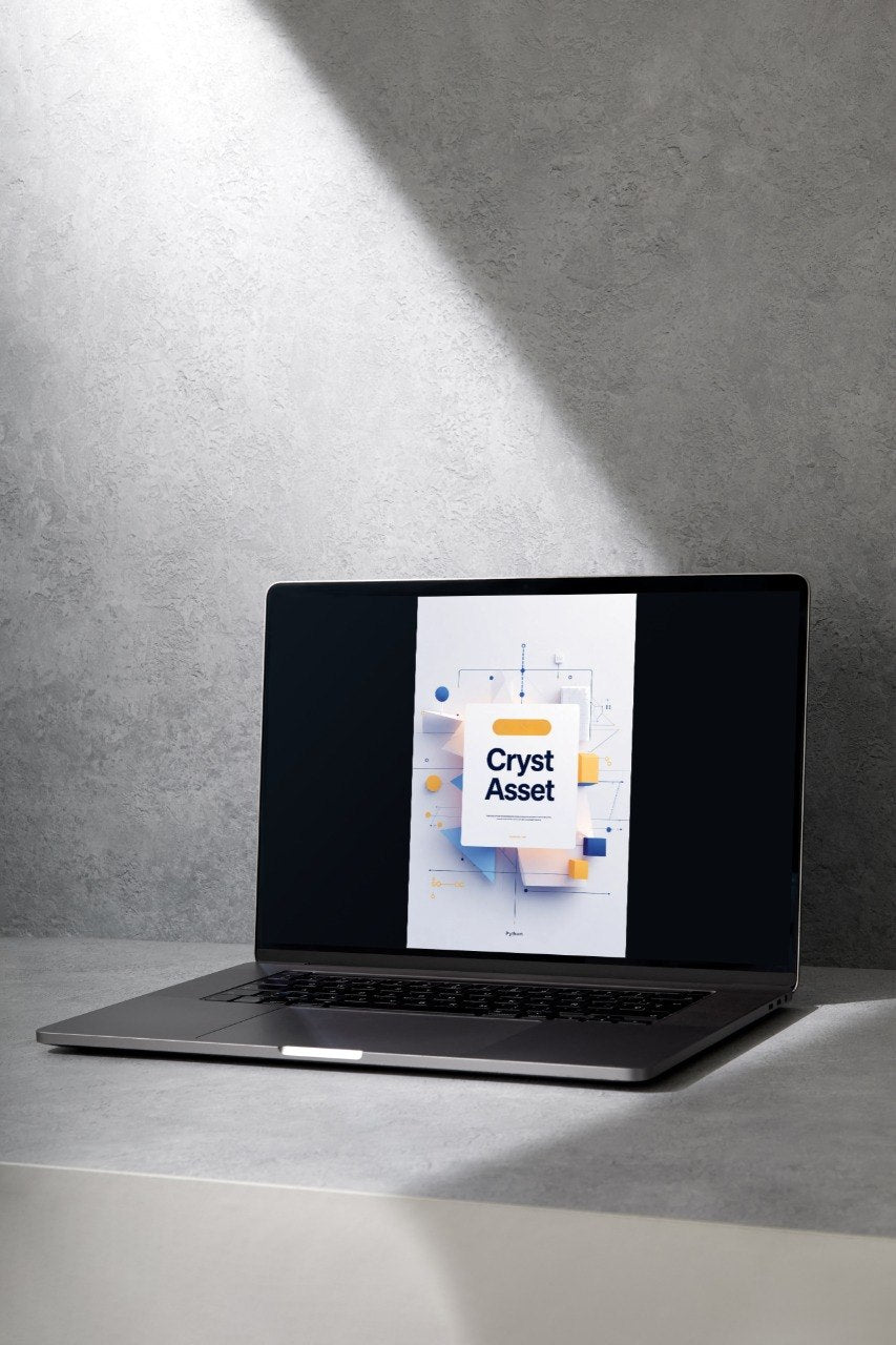 A dark gray laptop sits open on a light gray surface against a textured gray wall, with a spotlight casting shadows across the wall. The laptop screen displays a digital graphic with the text 'Crist Asset'.