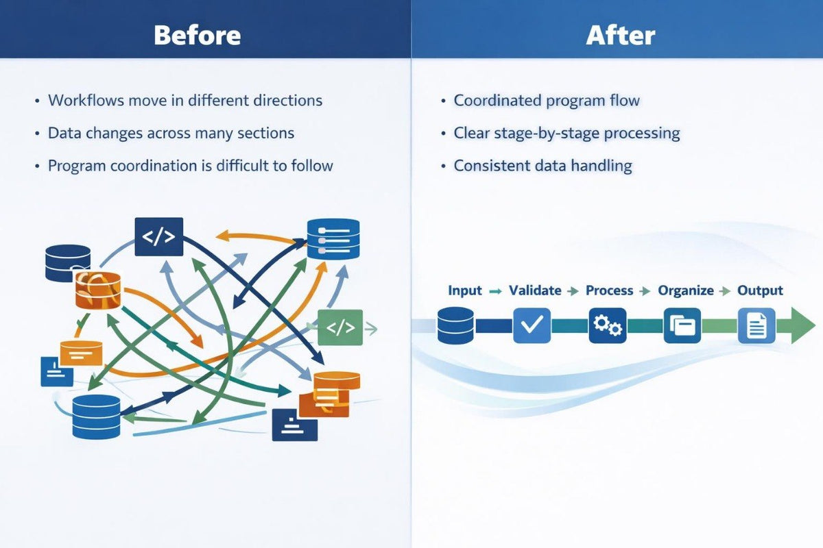 A before-and-after workflow diagram on a light blue background. The left side, labeled 'Before,' shows a tangled multicolored process with database and code icons and bullet points about messy workflows.
