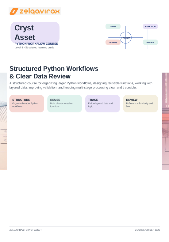 A digital cover page for the 'Cryst Asset' Python Workflow Course, titled 'Structured Python Workflows & Clear Data Review'. The page features a clean white background with a soft purple and pink gradient on the left and right edges.