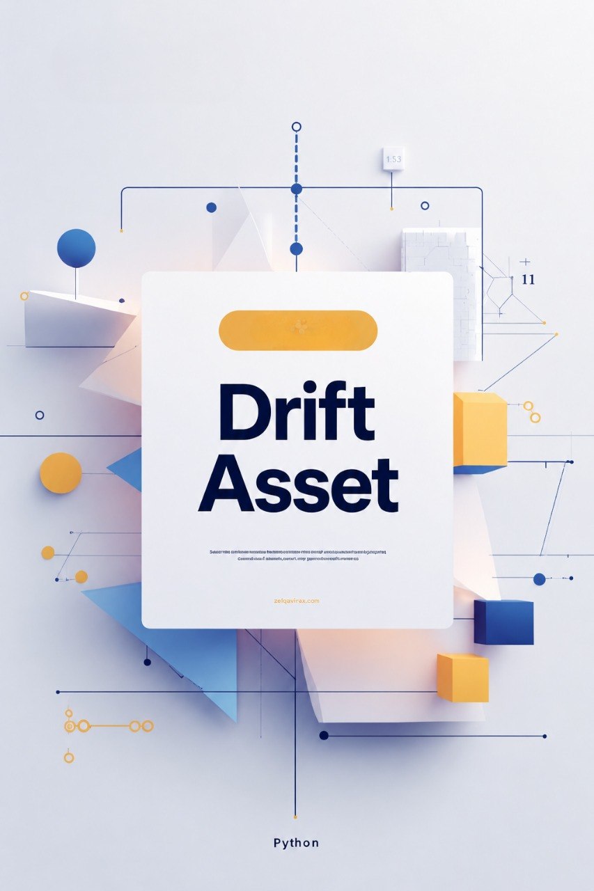 A digital cover graphic for 'Drift Asset' featuring a central white card with bold dark blue text, surrounded by abstract geometric shapes in blue, yellow, and white on a pale gray background.