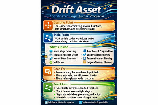 An educational infographic poster titled 'Drift Asset' about coordinated logic across programs, featuring a dark blue background with colorful orange, yellow, green, and blue text boxes and bullet points.