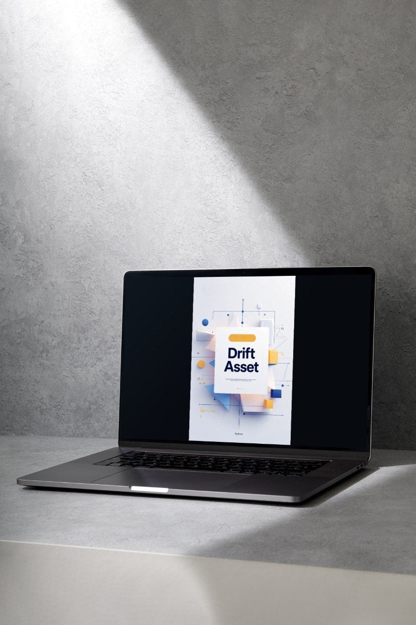 A dark gray laptop sits open on a light gray surface against a textured gray wall, with a spotlight casting shadows across the wall. The laptop screen displays a digital cover titled 'Drift Asset'.