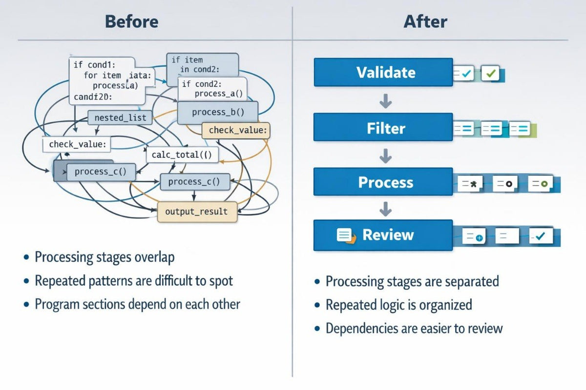 A comparison infographic titled 'Before' and 'After' showing a flowchart diagram. The left 'Before' column shows a tangled, overlapping flowchart with bullet points about overlapping processing stages.