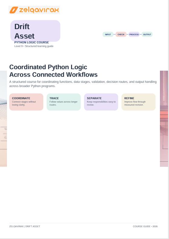 A digital cover page for a 'Drift Asset' Python logic course guide titled 'Coordinated Python Logic Across Connected Workflows'. The page features a clean white background with a structured layout, a logo at the top left, and pastel-colored boxes highlighting key concepts like 'Coordinate', 'Trace', 'Separate', and 'Refine'.