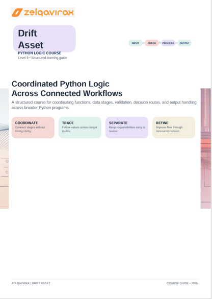 A digital cover page for a 'Drift Asset' Python logic course guide titled 'Coordinated Python Logic Across Connected Workflows'. The page features a clean white background with a structured layout, a logo at the top left, and pastel-colored boxes highlighting key concepts like 'Coordinate', 'Trace', 'Separate', and 'Refine'.