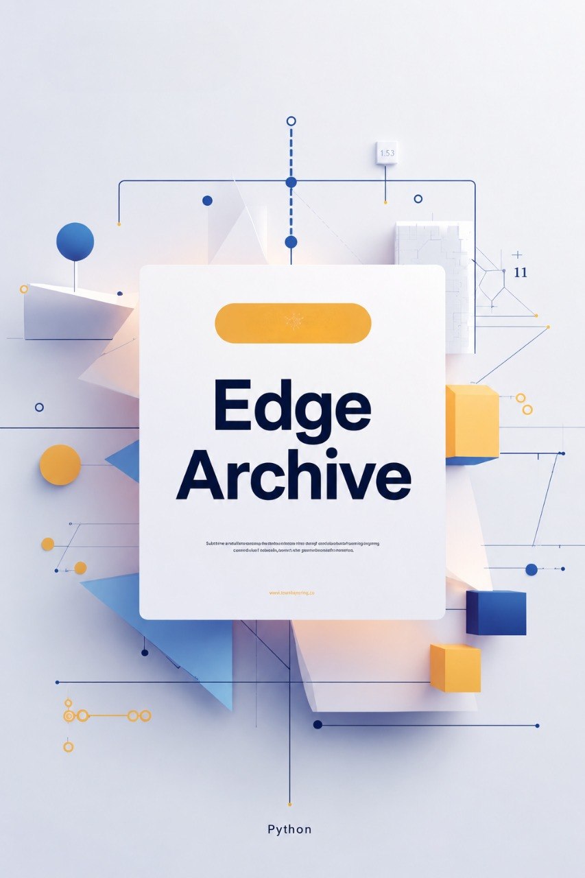 A digital cover graphic for 'Edge Archive' featuring a central white document with dark blue text, surrounded by abstract geometric shapes in blue, yellow, and white on a light gray background.