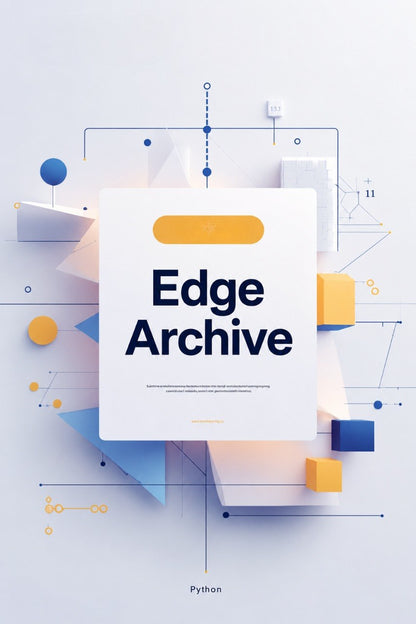 A digital cover graphic for 'Edge Archive' featuring a central white document with dark blue text, surrounded by abstract geometric shapes in blue, yellow, and white on a light gray background.