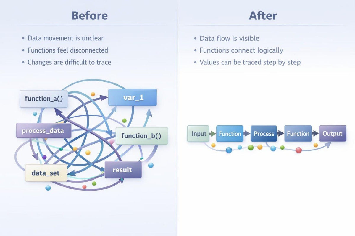 A comparison diagram labeled 'Before' and 'After' showing a tangled data flow illustration on the left and a clearer linear flow on the right, with bullet points describing improved clarity and traceability.
