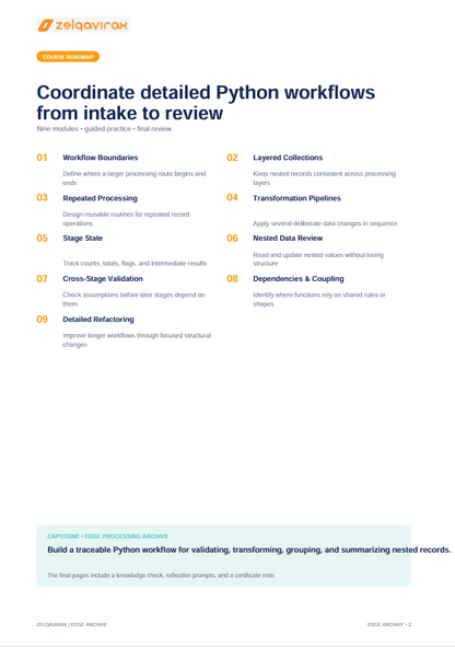 A digital document page titled 'Coordinate detailed Python workflows from intake to review' with a structured outline numbered 01 through 09, plus a light blue footer box. The page has a white background, black and blue text, and the Zelqavir logo at the top left.