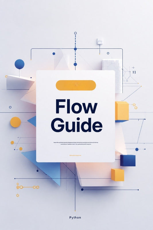 A digital cover design for a 'Flow Guide' related to Python, featuring a central white card with dark blue text, surrounded by abstract geometric shapes in blue, yellow, and white on a light gray background.