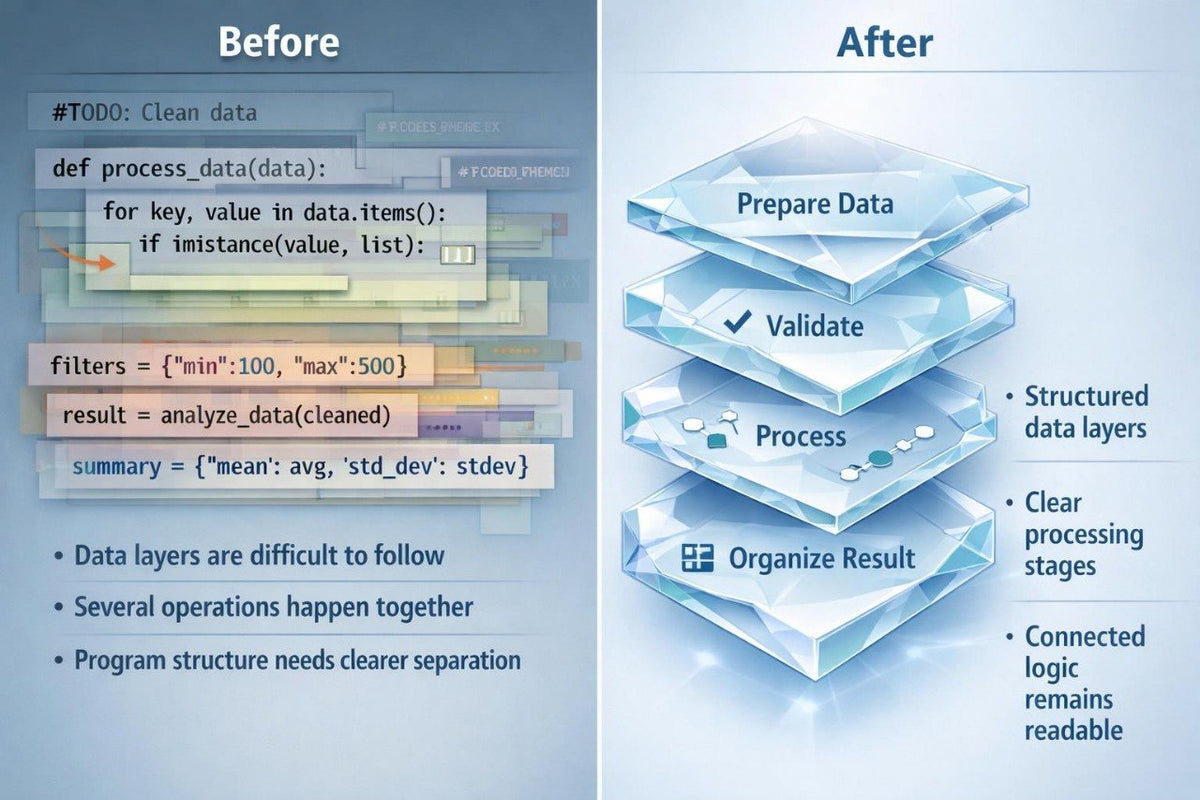 A digital infographic comparing a 'Before' Python data cleaning script with an 'After' layered data processing workflow. The left 'Before' section shows a Python function for cleaning data with syntax errors, while the right 'After' section displays a blue 3D stack of translucent layers labeled 'Prepare Data', 'Validate', 'Process', and 'Organize Result' with descriptive bullet points.