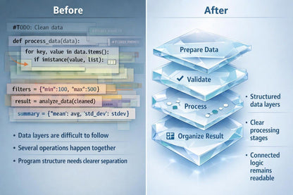 A digital infographic comparing a 'Before' Python data cleaning script with an 'After' layered data processing workflow. The left 'Before' section shows a Python function for cleaning data with syntax errors, while the right 'After' section displays a blue 3D stack of translucent layers labeled 'Prepare Data', 'Validate', 'Process', and 'Organize Result' with descriptive bullet points.