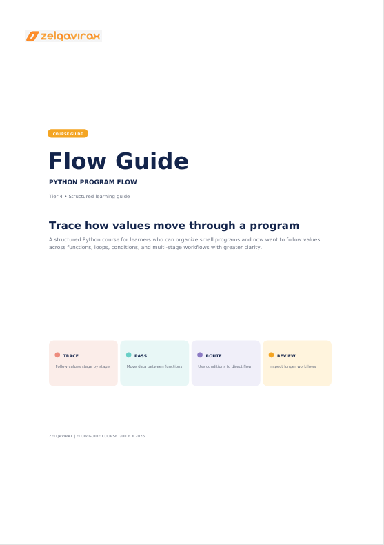 A digital document cover titled 'Flow Guide: Python Program Flow' by Zelalqirax, featuring a clean white background with dark blue text and small colored circular labels at the bottom.