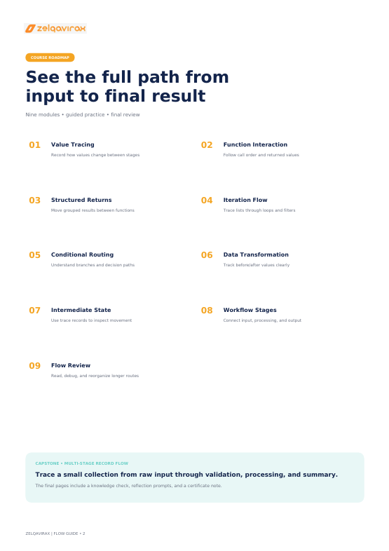 A digital brochure page for Zeligovrk's 'Flow Guide' explaining the path from input to final result in software testing. The page features a clean white background with dark blue headings, orange accents, and a light blue box at the bottom containing a flow chart example.