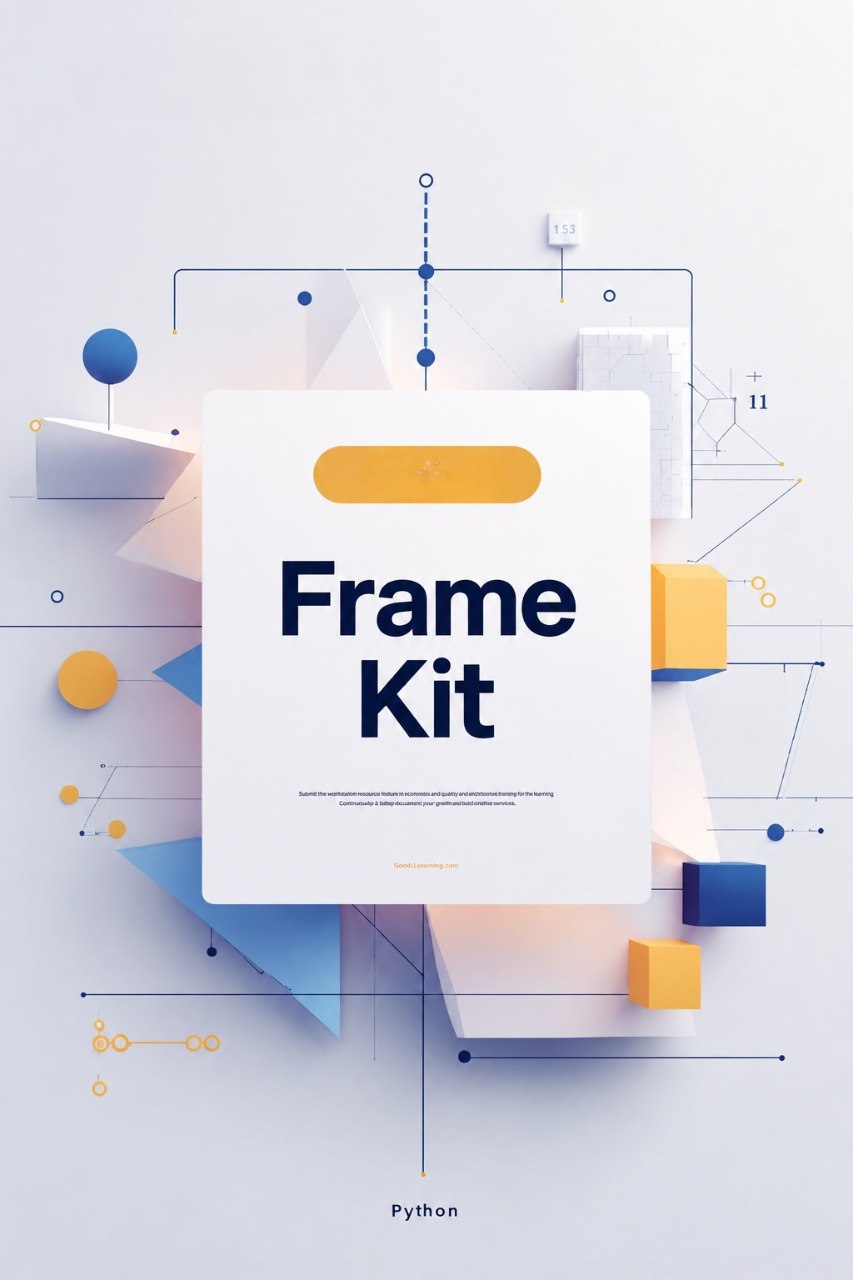A digital cover graphic for a 'Frame Kit' featuring a central white card with the title 'Frame Kit' in dark blue text, surrounded by abstract geometric shapes, lines, and blocks in blue, yellow, and white on a pale gray background.