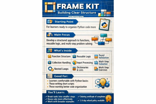 An infographic-style product cover for a Python coding course or kit titled 'FRAME KIT' with sections like 'Starting Point,' 'Main Focus,' 'What's Inside,' and 'You'll Learn.' It uses blue, white, and orange blocks with icons and text, and appears to represent the product itself rather than a lifestyle scene or instruction diagram for another product.