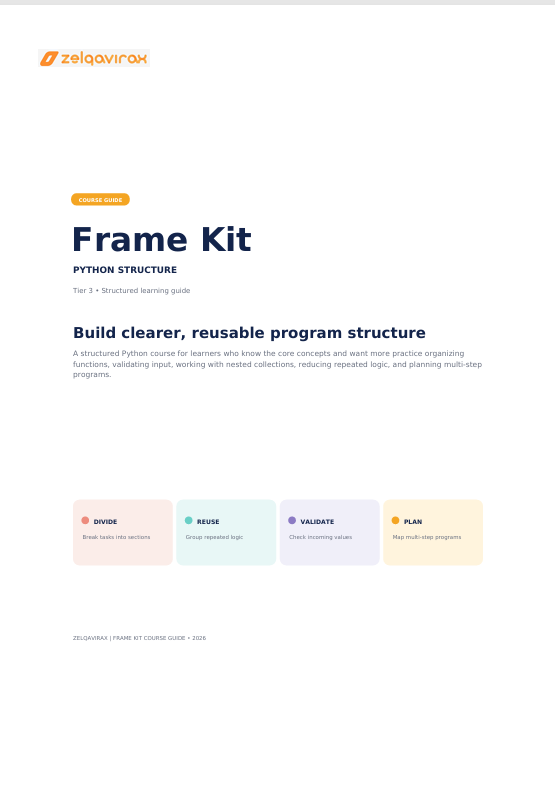 A digital cover page for the 'Frame Kit' Python Structure learning guide by Zealqavirax, featuring a clean white background with dark blue text and small pastel-colored progress tiles at the bottom.