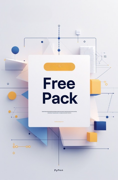 A stylized digital graphic with a large white card reading 'Free Pack' in dark blue text, surrounded by abstract geometric shapes in blue, yellow, and white on a pale gray background.