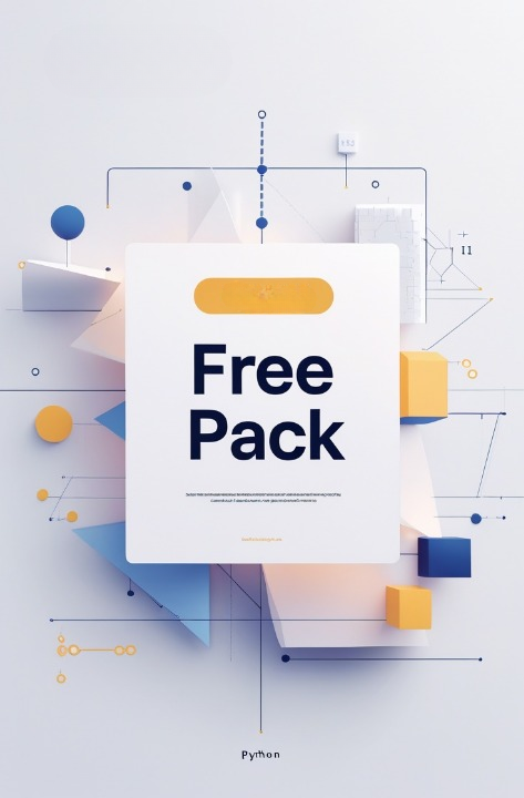 A stylized digital graphic with a large white card reading 'Free Pack' in dark blue text, surrounded by abstract geometric shapes in blue, yellow, and white on a pale gray background.