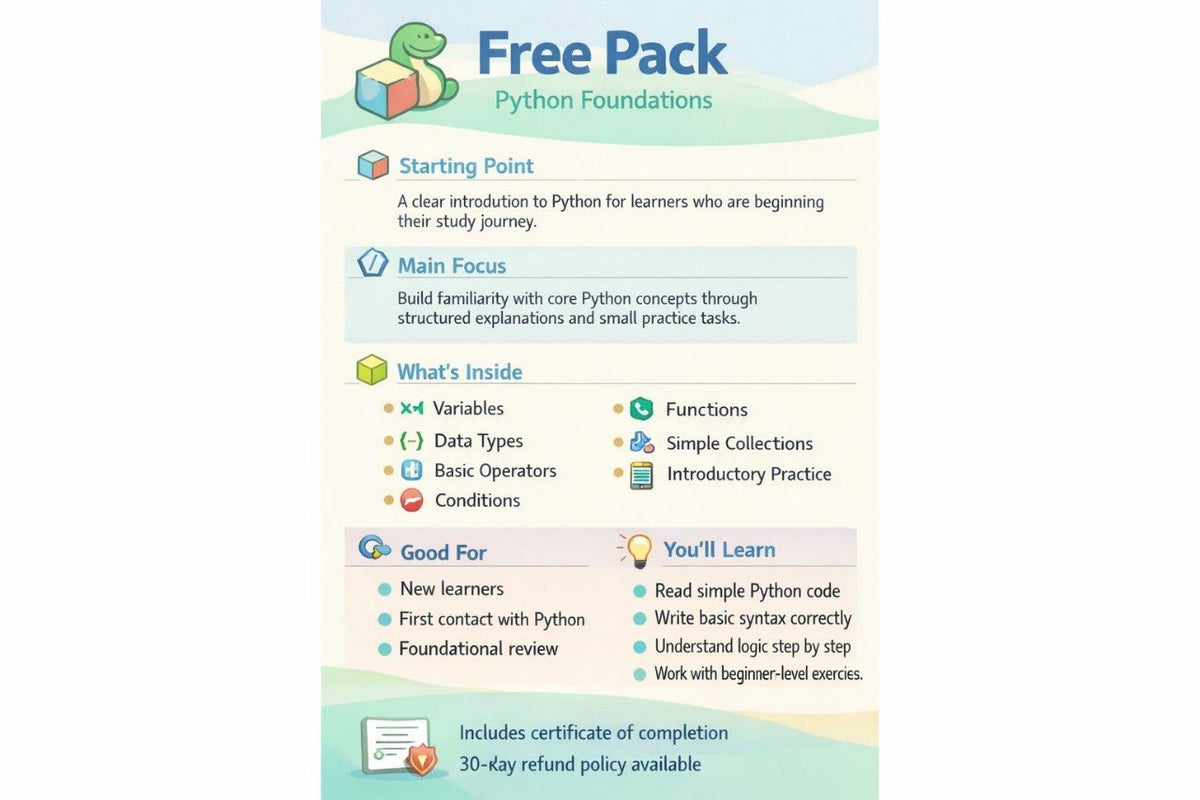 A digital graphic outlining the contents of a 'Free Pack Python Foundations' course, detailing what is included such as variables, data types, basic operators, functions, and simple collections, set against a light blue and green gradient background.