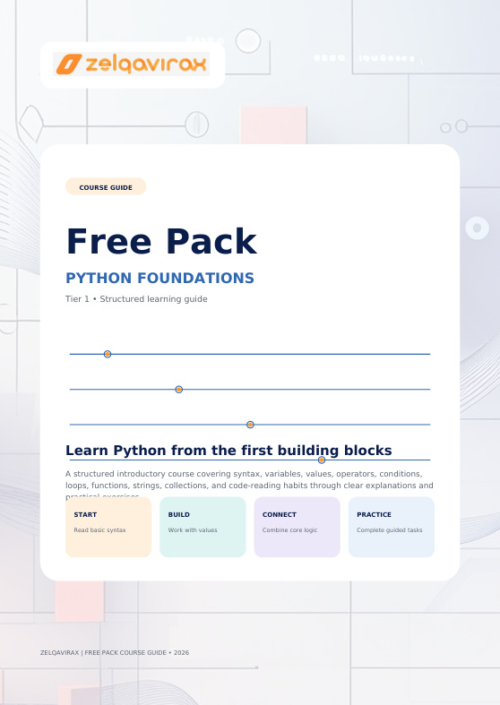 A digital course guide cover for 'Free Pack Python Foundations' by Zelqavirax, featuring a clean white card layout with blue and orange text and soft pastel accents on a light gray background.