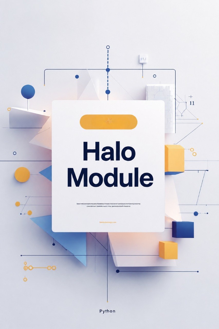 A digital cover graphic for 'Halo Module' in Python, featuring a central white card with dark blue text, surrounded by abstract geometric shapes in blue, yellow, and white on a light gray background.