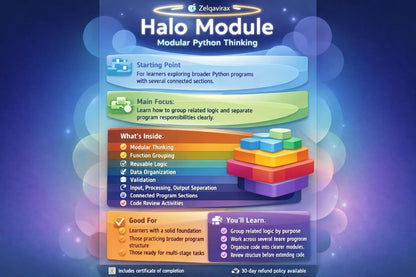 Promotional graphic for 'Halo Module Modular Python Thinking' by Zelqavox, featuring a dark blue and purple gradient background with glowing circular light effects. The graphic contains text boxes detailing the starting point, main focus, what's inside, good for, and you'll learn, alongside a small 3D block diagram representing modular components.