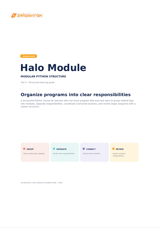 A document cover page titled 'Halo Module' with the subtitle 'MODULAR PYTHON STRUCTURE' and a short introductory paragraph. The page includes the 'zeqavirax' logo at the top left and five small labeled boxes near the bottom reading Group, Separate, Connect, and Review.