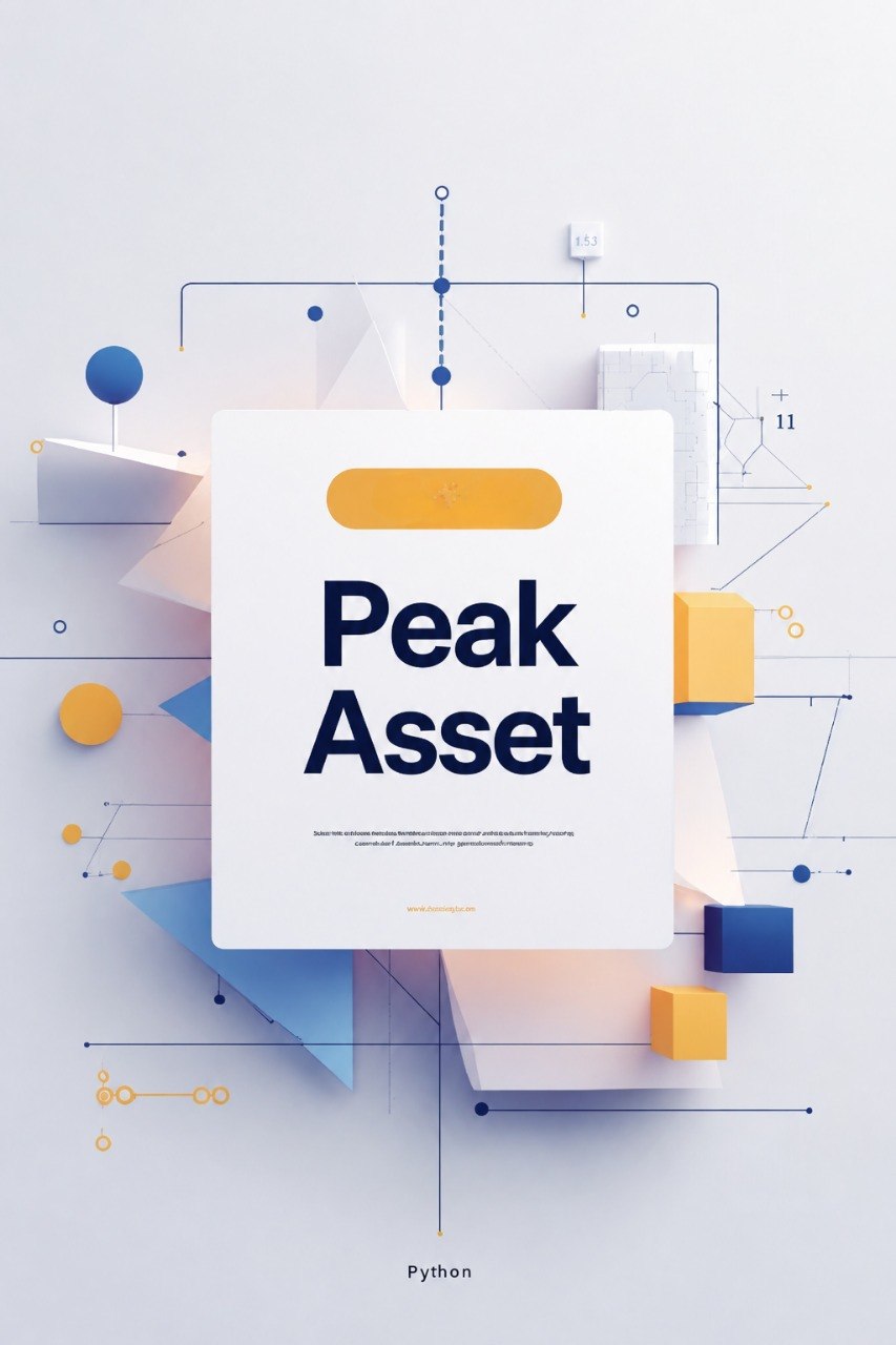 A digital cover design for a Python guide or course titled 'Peak Asset', featuring a central white card with dark blue text, surrounded by abstract geometric shapes in blue, yellow, and white on a light gray background.