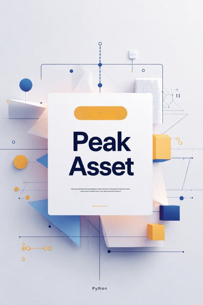 A digital cover design for a Python guide or course titled 'Peak Asset', featuring a central white card with dark blue text, surrounded by abstract geometric shapes in blue, yellow, and white on a light gray background.