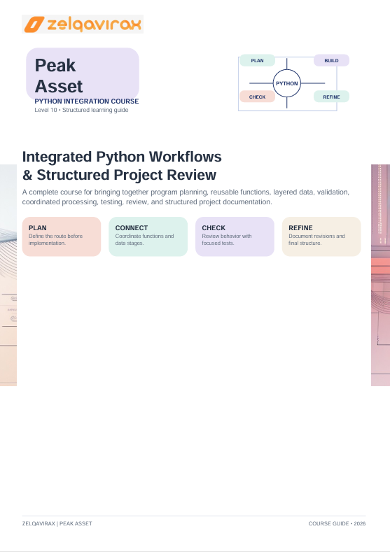 A digital cover page for a ZelaqaviroX Peak Asset Python Integration Course, titled 'Integrated Python Workflows & Structured Project Review'. The page features a clean white background with a soft pink and purple gradient on the left side, displaying course details, a small diagram of the Python workflow, and four colored boxes labeled Plan, Connect, Check, and Refine.