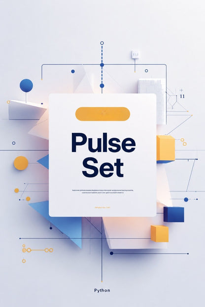 A digital cover graphic for a Python course or bundle titled 'Pulse Set', featuring a central white card with dark blue text, surrounded by abstract geometric shapes in blue, yellow, and white on a pale background.