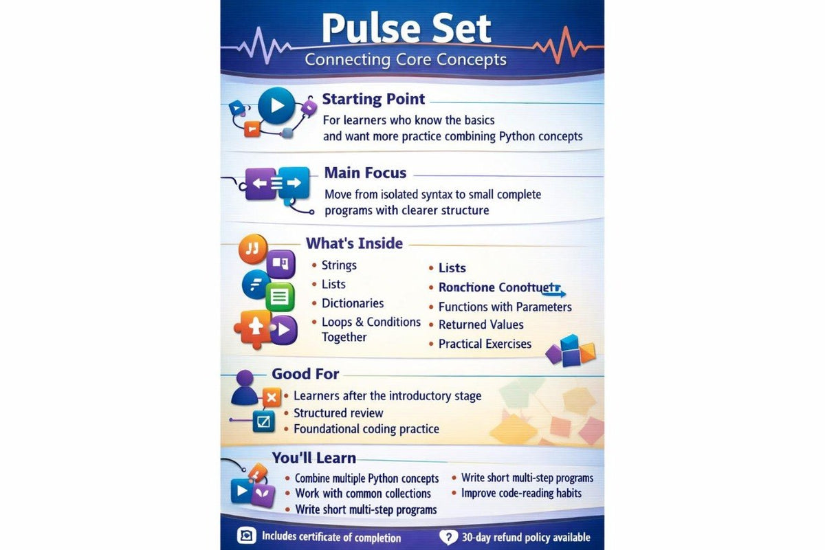 An infographic poster titled 'Pulse Set: Connecting Core Concepts' outlining the curriculum of a Python programming course. The poster features a white background with blue headers, colorful icons representing programming topics like lists, dictionaries, and functions, and text detailing what is included and learned.