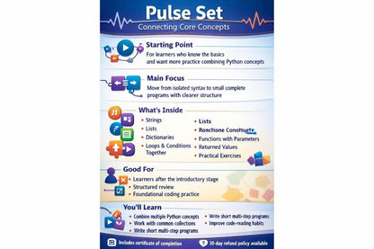 An infographic poster titled 'Pulse Set: Connecting Core Concepts' outlining the curriculum of a Python programming course. The poster features a white background with blue headers, colorful icons representing programming topics like lists, dictionaries, and functions, and text detailing what is included and learned.