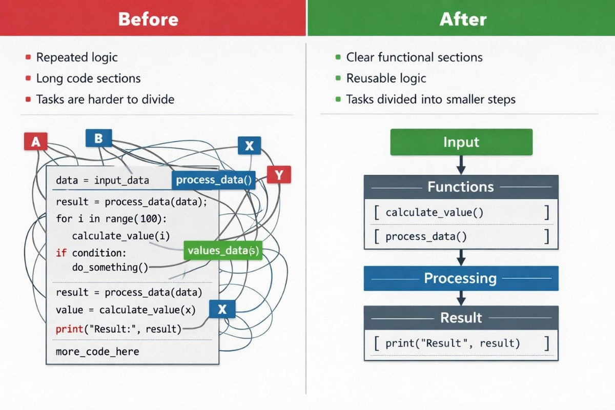 A comparison graphic titled 'Before' and 'After' showing code refactoring. The left 'Before' column has a red header, a tangled web of spaghetti code with labeled variables A, B, X, and Y, and a green highlighted section.
