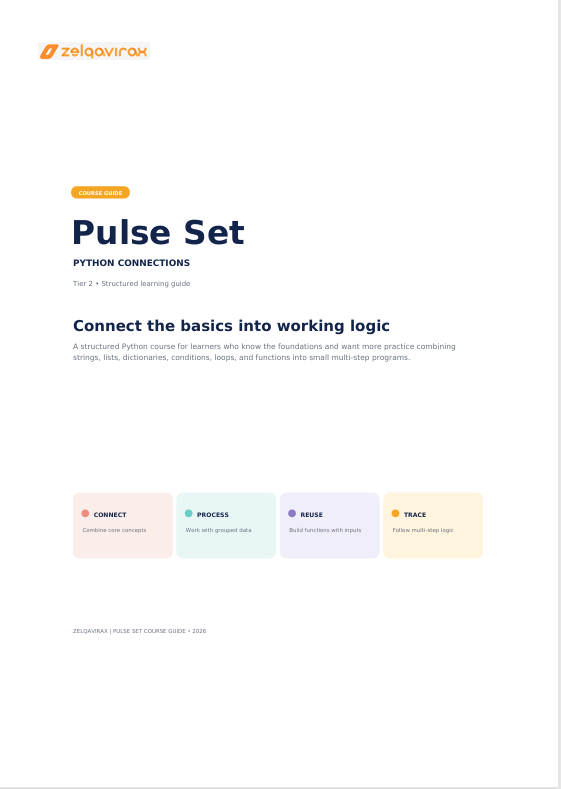 A digital cover page for a Python course guide titled 'Pulse Set' by Zelavirax, featuring a clean white background with dark blue text and small pastel-colored cards along the bottom.