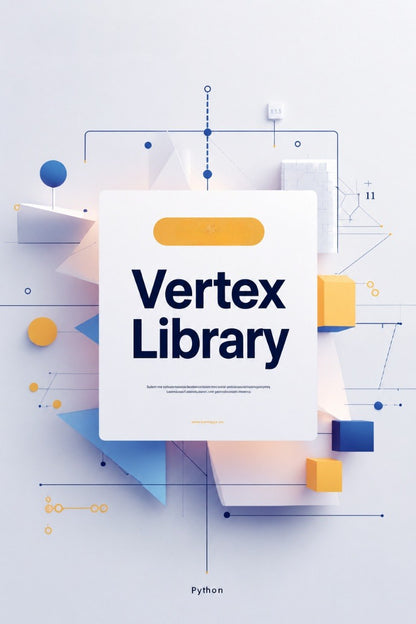A digital cover graphic for a 'Vertex Library' Python package, featuring a central white card with dark blue text, surrounded by abstract geometric shapes in blue, yellow, and white on a light gray background.