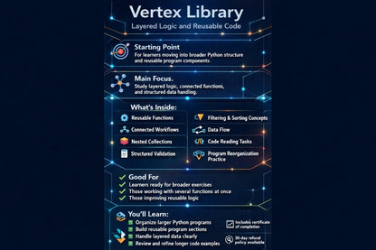 An infographic poster titled 'Vertex Library' detailing a layered logic and reusable code course for Python. The poster features a dark navy blue background with glowing blue circuit board lines and icons, outlining sections such as 'Starting Point', 'Main Focus', 'What's Inside', 'Good For', and 'You'll Learn'.