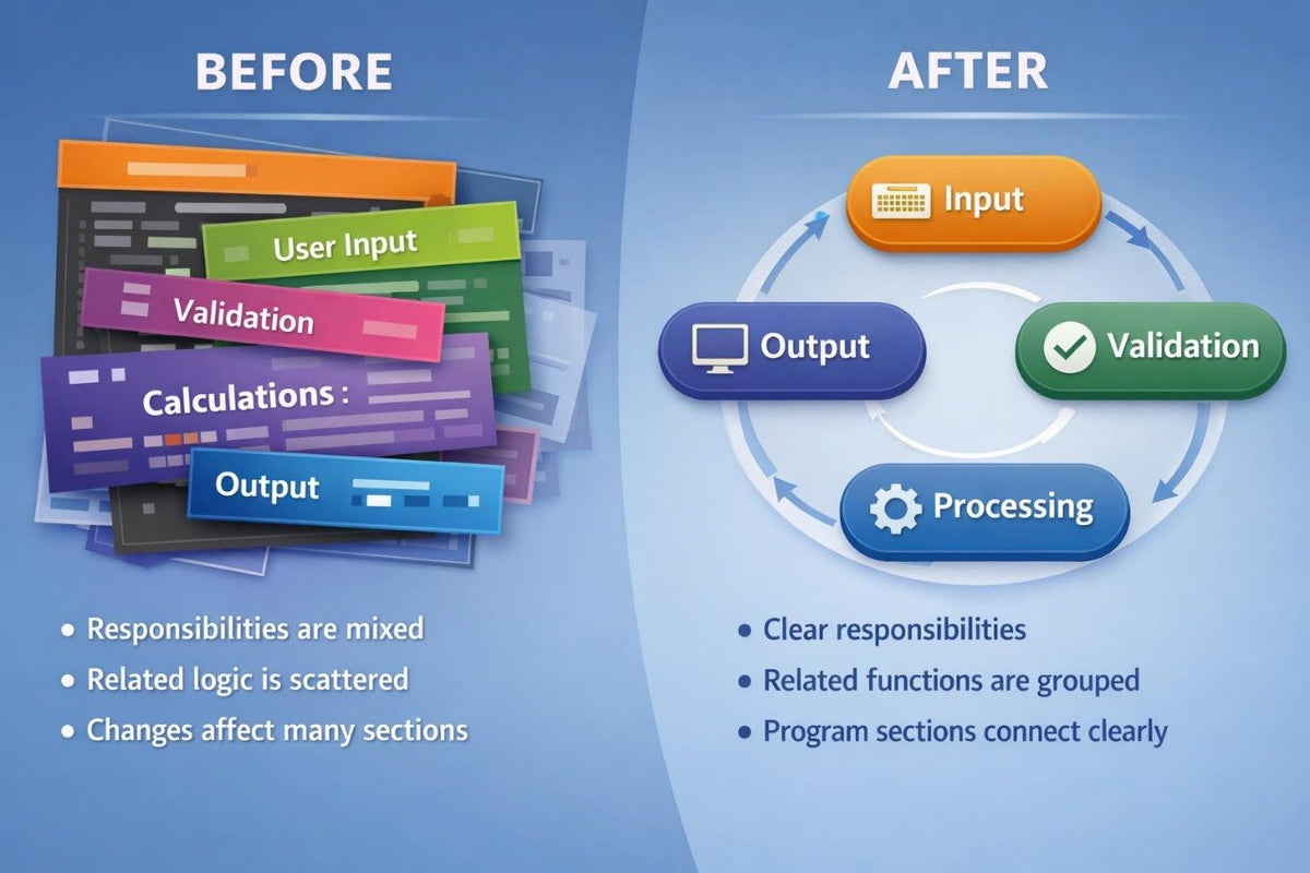 A blue and white infographic comparing a messy 'before' state with an organized 'after' state. The left side shows a stack of labeled cards under the heading 'BEFORE' with text about mixed responsibilities and scattered logic.